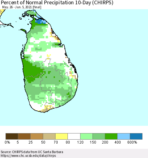 Sri Lanka Percent of Normal Precipitation 10-Day (CHIRPS) Thematic Map For 5/26/2021 - 6/5/2021