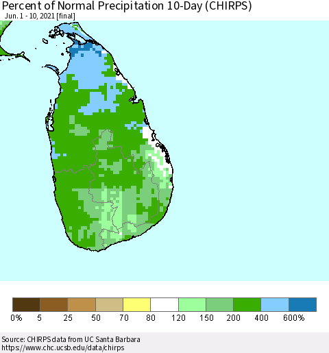 Sri Lanka Percent of Normal Precipitation 10-Day (CHIRPS) Thematic Map For 6/1/2021 - 6/10/2021
