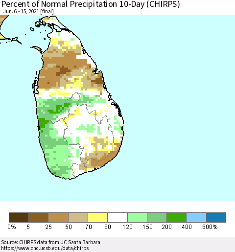Sri Lanka Percent of Normal Precipitation 10-Day (CHIRPS) Thematic Map For 6/6/2021 - 6/15/2021
