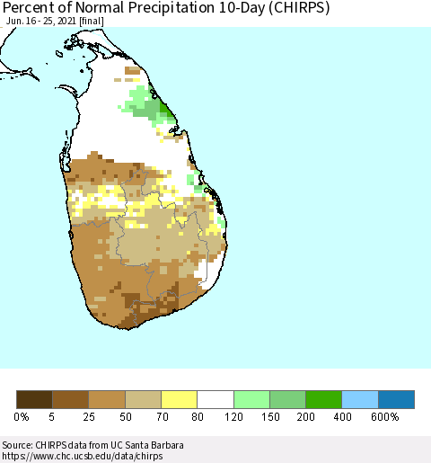 Sri Lanka Percent of Normal Precipitation 10-Day (CHIRPS) Thematic Map For 6/16/2021 - 6/25/2021