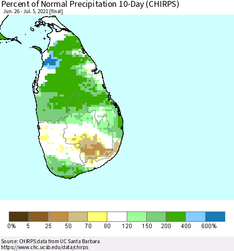 Sri Lanka Percent of Normal Precipitation 10-Day (CHIRPS) Thematic Map For 6/26/2021 - 7/5/2021
