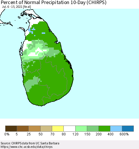 Sri Lanka Percent of Normal Precipitation 10-Day (CHIRPS) Thematic Map For 7/6/2021 - 7/15/2021