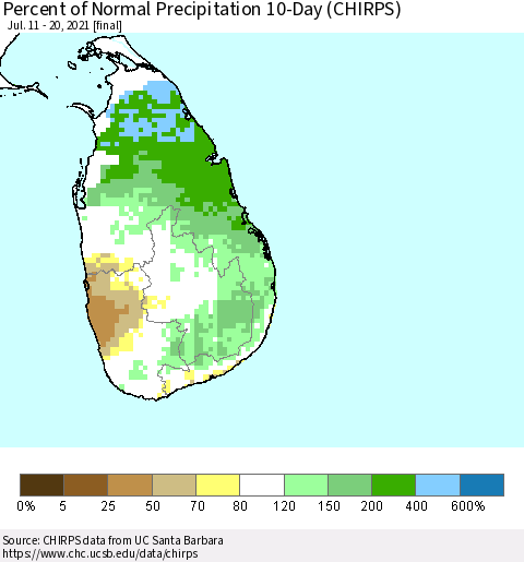 Sri Lanka Percent of Normal Precipitation 10-Day (CHIRPS) Thematic Map For 7/11/2021 - 7/20/2021