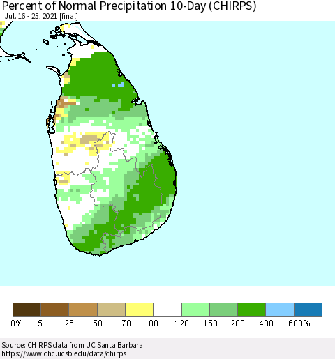 Sri Lanka Percent of Normal Precipitation 10-Day (CHIRPS) Thematic Map For 7/16/2021 - 7/25/2021
