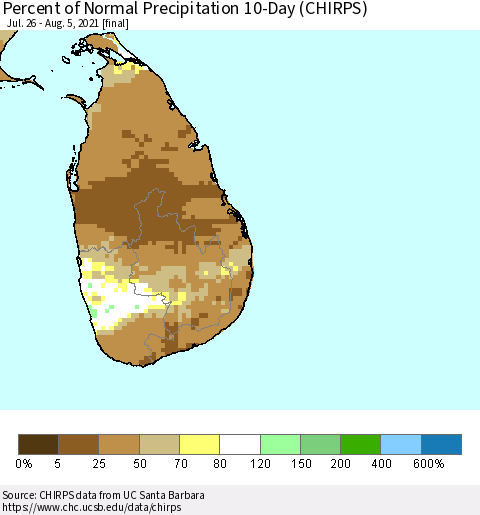 Sri Lanka Percent of Normal Precipitation 10-Day (CHIRPS) Thematic Map For 7/26/2021 - 8/5/2021