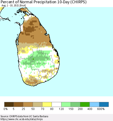 Sri Lanka Percent of Normal Precipitation 10-Day (CHIRPS) Thematic Map For 8/1/2021 - 8/10/2021
