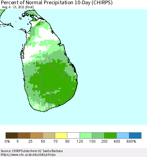 Sri Lanka Percent of Normal Precipitation 10-Day (CHIRPS) Thematic Map For 8/6/2021 - 8/15/2021