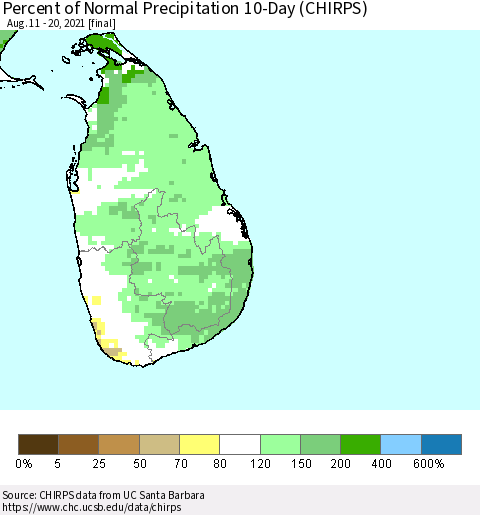 Sri Lanka Percent of Normal Precipitation 10-Day (CHIRPS) Thematic Map For 8/11/2021 - 8/20/2021