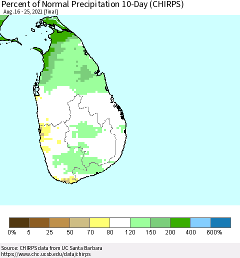 Sri Lanka Percent of Normal Precipitation 10-Day (CHIRPS) Thematic Map For 8/16/2021 - 8/25/2021