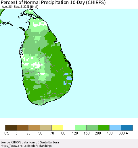 Sri Lanka Percent of Normal Precipitation 10-Day (CHIRPS) Thematic Map For 8/26/2021 - 9/5/2021