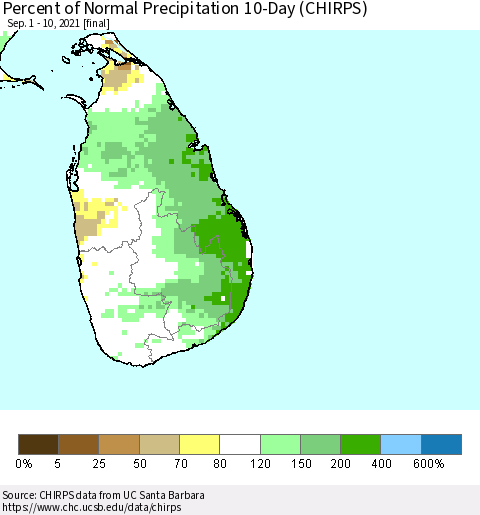 Sri Lanka Percent of Normal Precipitation 10-Day (CHIRPS) Thematic Map For 9/1/2021 - 9/10/2021