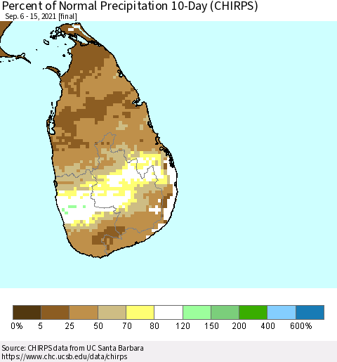 Sri Lanka Percent of Normal Precipitation 10-Day (CHIRPS) Thematic Map For 9/6/2021 - 9/15/2021