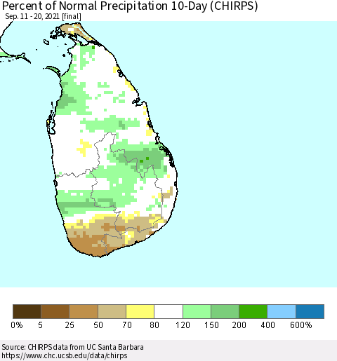 Sri Lanka Percent of Normal Precipitation 10-Day (CHIRPS) Thematic Map For 9/11/2021 - 9/20/2021