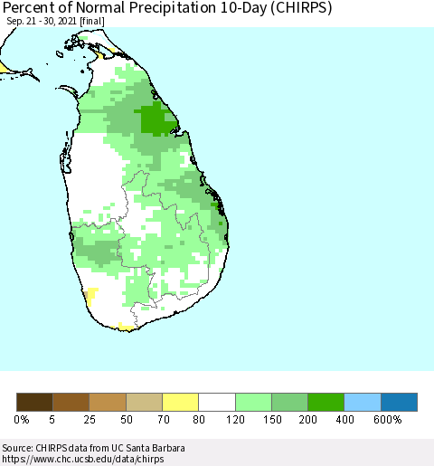 Sri Lanka Percent of Normal Precipitation 10-Day (CHIRPS) Thematic Map For 9/21/2021 - 9/30/2021
