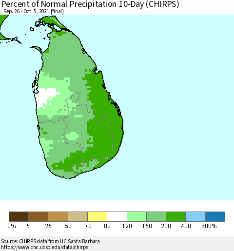 Sri Lanka Percent of Normal Precipitation 10-Day (CHIRPS) Thematic Map For 9/26/2021 - 10/5/2021