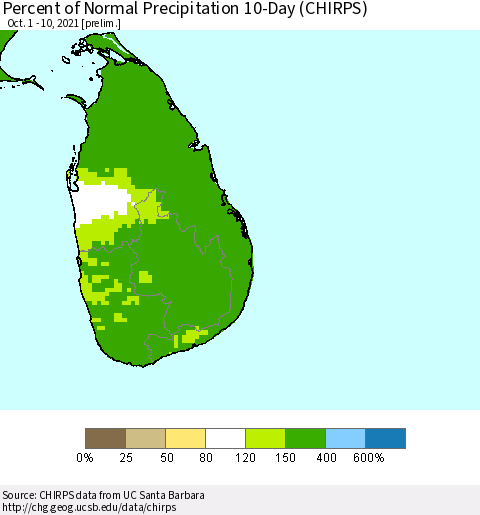 Sri Lanka Percent of Normal Precipitation 10-Day (CHIRPS) Thematic Map For 10/1/2021 - 10/10/2021