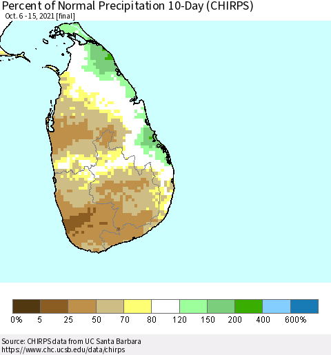 Sri Lanka Percent of Normal Precipitation 10-Day (CHIRPS) Thematic Map For 10/6/2021 - 10/15/2021
