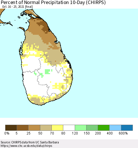 Sri Lanka Percent of Normal Precipitation 10-Day (CHIRPS) Thematic Map For 10/16/2021 - 10/25/2021