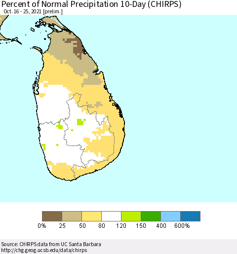 Sri Lanka Percent of Normal Precipitation 10-Day (CHIRPS) Thematic Map For 10/16/2021 - 10/25/2021