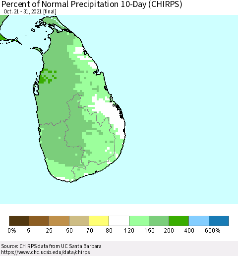 Sri Lanka Percent of Normal Precipitation 10-Day (CHIRPS) Thematic Map For 10/21/2021 - 10/31/2021