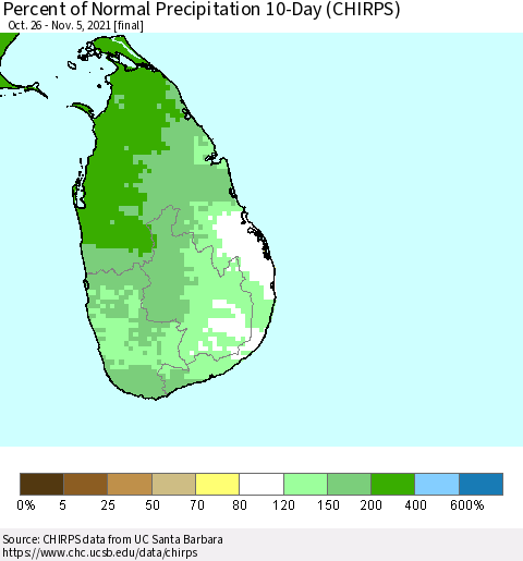 Sri Lanka Percent of Normal Precipitation 10-Day (CHIRPS) Thematic Map For 10/26/2021 - 11/5/2021