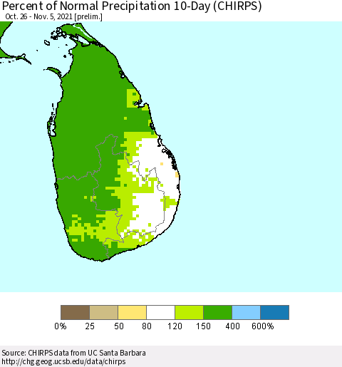Sri Lanka Percent of Normal Precipitation 10-Day (CHIRPS) Thematic Map For 10/26/2021 - 11/5/2021