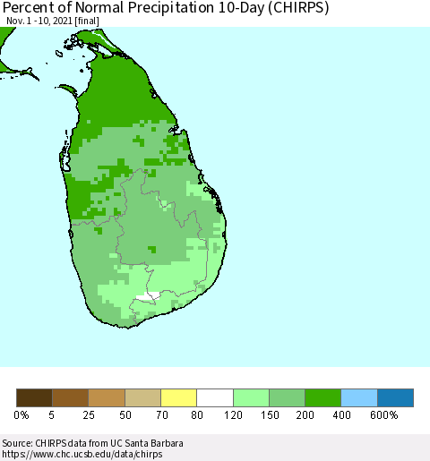 Sri Lanka Percent of Normal Precipitation 10-Day (CHIRPS) Thematic Map For 11/1/2021 - 11/10/2021