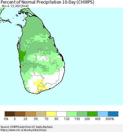 Sri Lanka Percent of Normal Precipitation 10-Day (CHIRPS) Thematic Map For 11/6/2021 - 11/15/2021