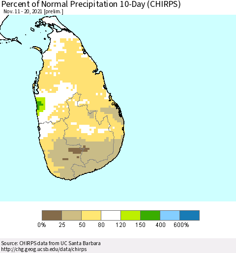 Sri Lanka Percent of Normal Precipitation 10-Day (CHIRPS) Thematic Map For 11/11/2021 - 11/20/2021
