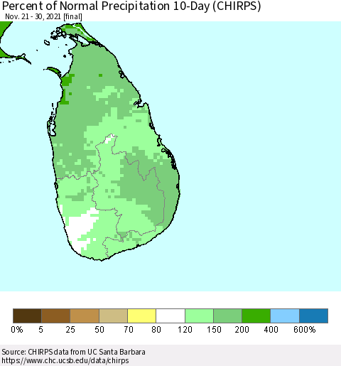 Sri Lanka Percent of Normal Precipitation 10-Day (CHIRPS) Thematic Map For 11/21/2021 - 11/30/2021