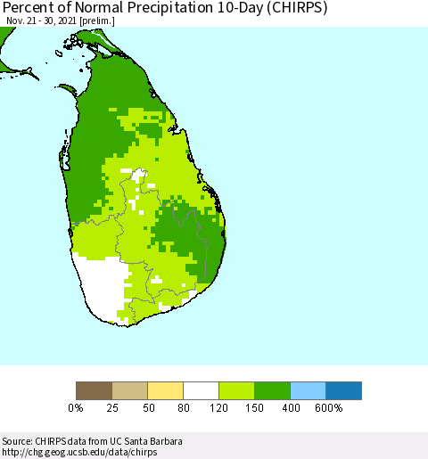 Sri Lanka Percent of Normal Precipitation 10-Day (CHIRPS) Thematic Map For 11/21/2021 - 11/30/2021