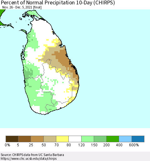 Sri Lanka Percent of Normal Precipitation 10-Day (CHIRPS) Thematic Map For 11/26/2021 - 12/5/2021