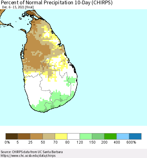 Sri Lanka Percent of Normal Precipitation 10-Day (CHIRPS) Thematic Map For 12/6/2021 - 12/15/2021