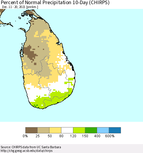 Sri Lanka Percent of Normal Precipitation 10-Day (CHIRPS) Thematic Map For 12/11/2021 - 12/20/2021