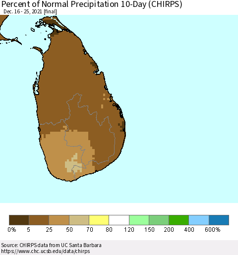 Sri Lanka Percent of Normal Precipitation 10-Day (CHIRPS) Thematic Map For 12/16/2021 - 12/25/2021