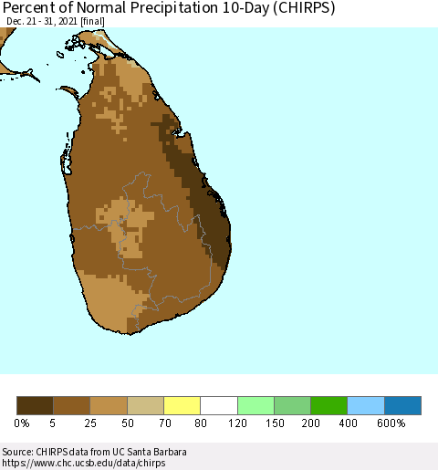 Sri Lanka Percent of Normal Precipitation 10-Day (CHIRPS) Thematic Map For 12/21/2021 - 12/31/2021
