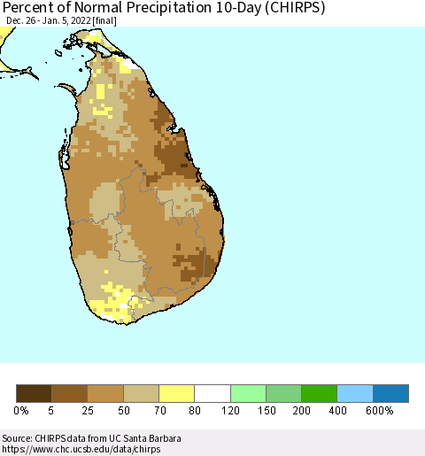 Sri Lanka Percent of Normal Precipitation 10-Day (CHIRPS) Thematic Map For 12/26/2021 - 1/5/2022