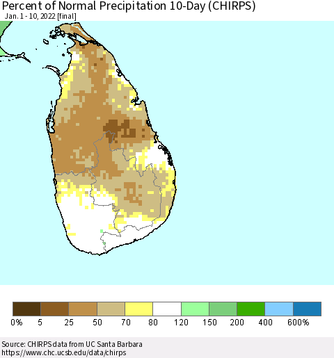 Sri Lanka Percent of Normal Precipitation 10-Day (CHIRPS) Thematic Map For 1/1/2022 - 1/10/2022