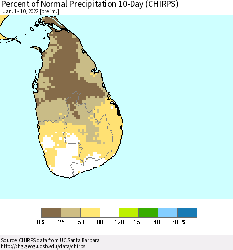 Sri Lanka Percent of Normal Precipitation 10-Day (CHIRPS) Thematic Map For 1/1/2022 - 1/10/2022