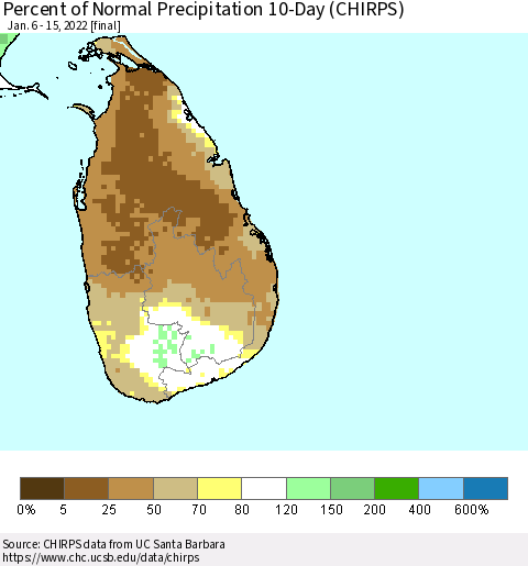 Sri Lanka Percent of Normal Precipitation 10-Day (CHIRPS) Thematic Map For 1/6/2022 - 1/15/2022