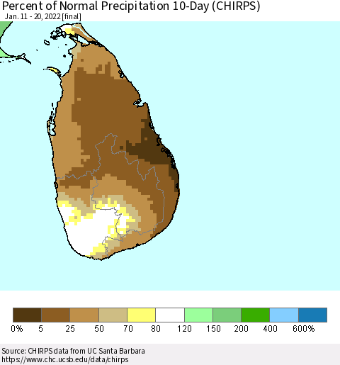 Sri Lanka Percent of Normal Precipitation 10-Day (CHIRPS) Thematic Map For 1/11/2022 - 1/20/2022