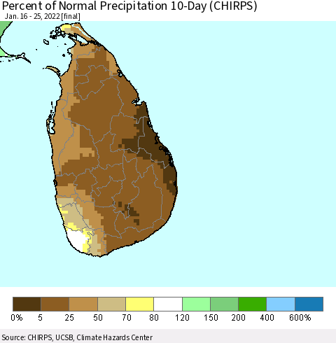 Sri Lanka Percent of Normal Precipitation 10-Day (CHIRPS) Thematic Map For 1/16/2022 - 1/25/2022