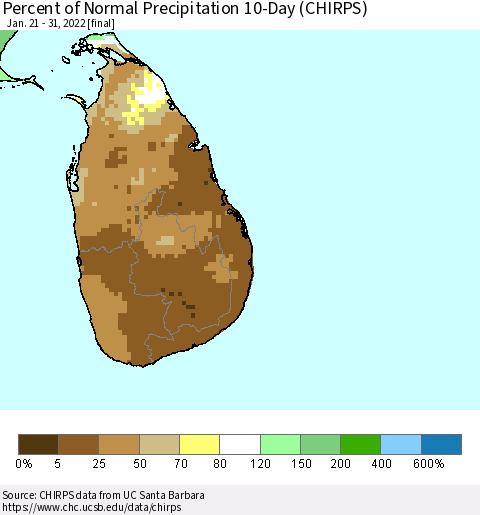 Sri Lanka Percent of Normal Precipitation 10-Day (CHIRPS) Thematic Map For 1/21/2022 - 1/31/2022