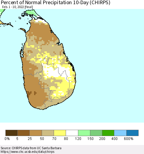 Sri Lanka Percent of Normal Precipitation 10-Day (CHIRPS) Thematic Map For 2/1/2022 - 2/10/2022