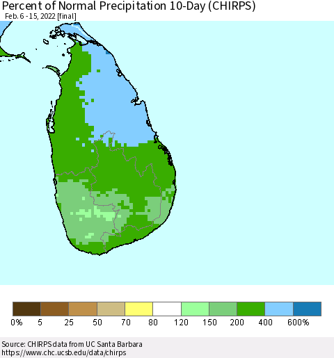 Sri Lanka Percent of Normal Precipitation 10-Day (CHIRPS) Thematic Map For 2/6/2022 - 2/15/2022