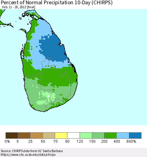 Sri Lanka Percent of Normal Precipitation 10-Day (CHIRPS) Thematic Map For 2/11/2022 - 2/20/2022