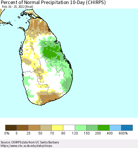 Sri Lanka Percent of Normal Precipitation 10-Day (CHIRPS) Thematic Map For 2/16/2022 - 2/25/2022
