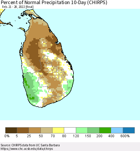 Sri Lanka Percent of Normal Precipitation 10-Day (CHIRPS) Thematic Map For 2/21/2022 - 2/28/2022
