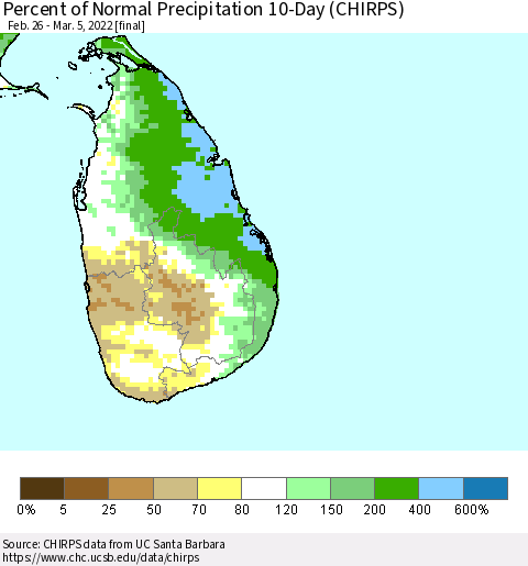 Sri Lanka Percent of Normal Precipitation 10-Day (CHIRPS) Thematic Map For 2/26/2022 - 3/5/2022