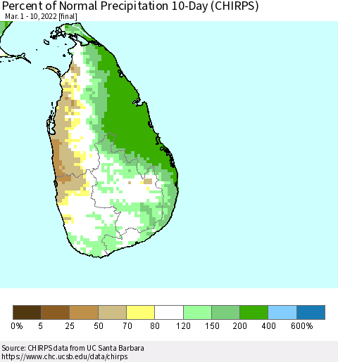 Sri Lanka Percent of Normal Precipitation 10-Day (CHIRPS) Thematic Map For 3/1/2022 - 3/10/2022